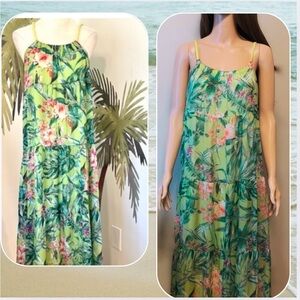 Elena Baldi, Luxury Silk Blend, Dress,Tiered,Floral Size Medium, Green Tropical